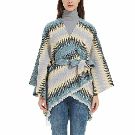 Hfyihgf Women's Travel Plaid Shawl Belt Cardigan Wrap Open Front Poncho Cape Knitted Sweater Tops for Fall Winter Light Blue One Size