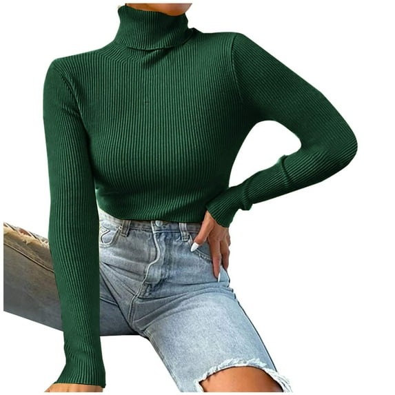 Hfyihgf Women's Turtleneck Fall Winter Long Sleeve Sweater Jumper Warm Soft Ribbed Knitted Casual Solid Color Basic Slim Fit Pullover Tops(Green,L)