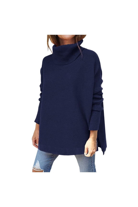 Women's Turtleneck Oversized Sweaters Fall Winter Long Batwing Sleeve Spilt Hem Tunic Pullover Lightweight Knit Tunic Sweater Tops Dark Blue XXL