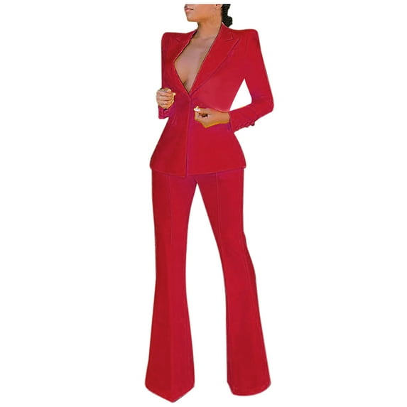 Hfyihgf Women’s Two Pieces Blazer Office Lady Suits Sexy Deep V-Neck Long Sleeve Work Blazer Jacket and Wide Leg Long Pant Set(Red,M)