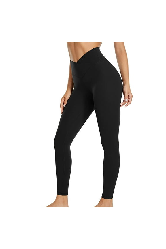 Women's V Crossover Waist Yoga Leggings Tummy Control Workout Leggings High Waisted Butt Lifting Running Yoga Pants(Black,S)