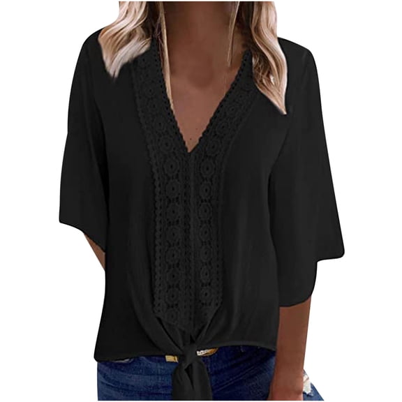 Hfyihgf Women's V Neck Lace Crochet Tops Casual Loose Summer Short Sleeve Swiss Dot Tops Tunic Shirts Blouses(Black,L)