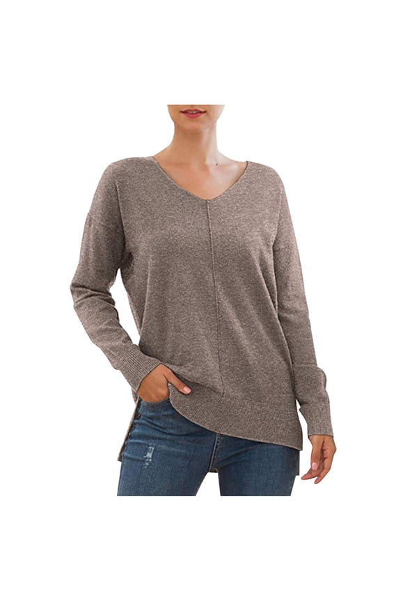 Women's V Neck Sweaters Side Slit Ribbed Knit Pullover Long Sleeve Solid Color Jumper Tops Casual Fall Clothes(Brown,L)