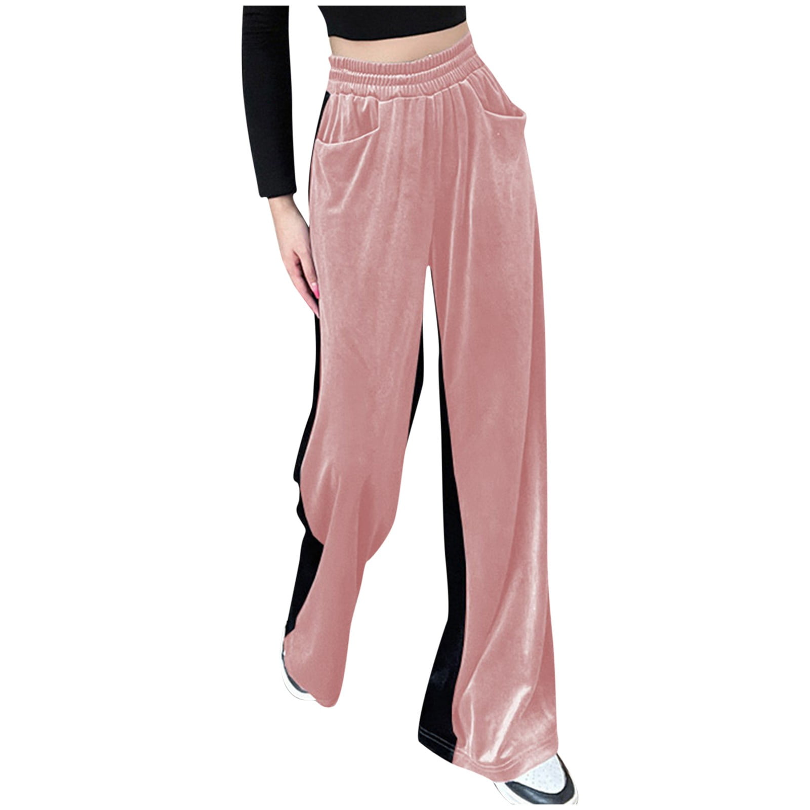 Hfyihgf Women's Velvet Wide Leg Pants Casual Elastic High Waist Color Block  Straight Leg Pants Joggers Lounge Trouser with Pockets(Pink,M) 