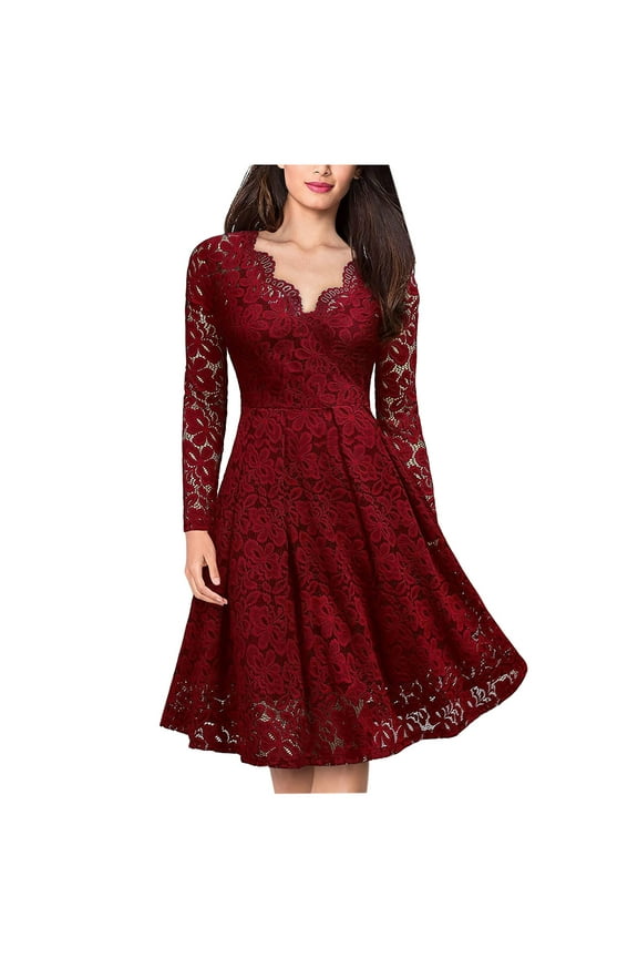 Women's Vintage Floral Lace Dress Long Sleeve V Neck Cocktail Dress Formal Swing Gown Party Wedding Guest Dresses(Red,M)