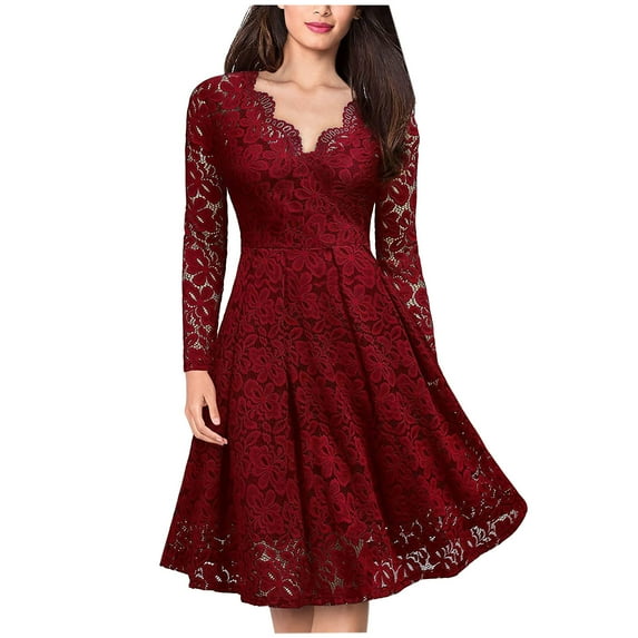 Hfyihgf Women's Vintage Floral Lace Dress Long Sleeve V Neck Cocktail Dress Formal Swing Gown Party Wedding Guest Dresses(Red,S)