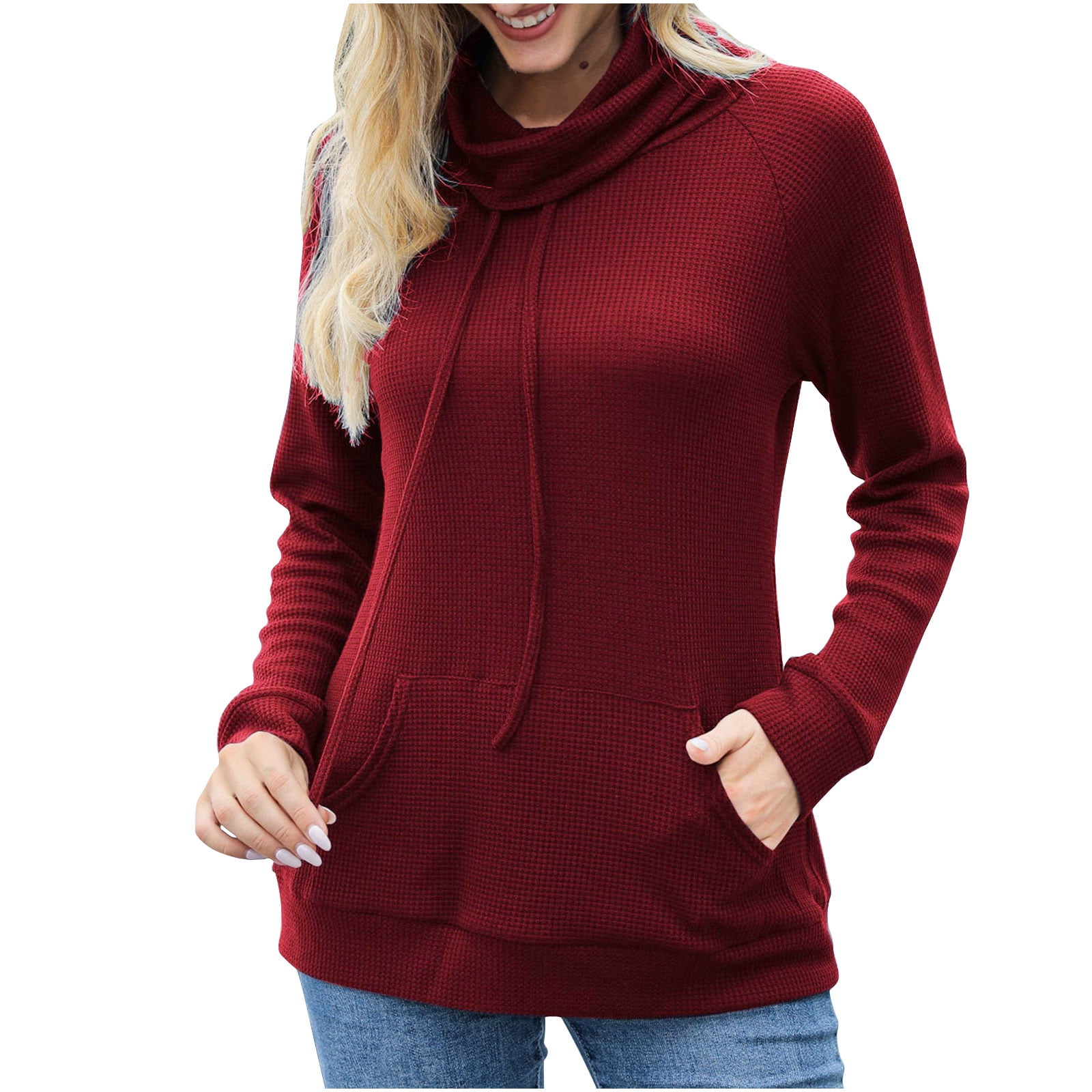Chic Beautyy Women's Waffle Knit Drawstring Button Long Sleeve Hoodie main image 1
