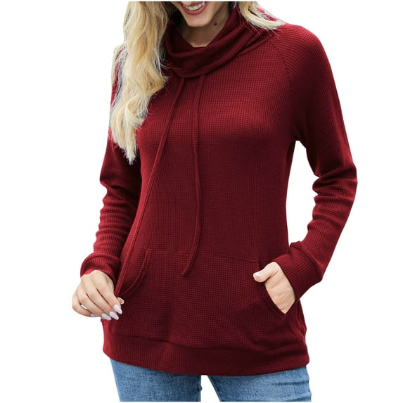 Hfyihgf Women's Waffle Knit Drawstring Sweatshirts Cowl Neck Long Sleeve Pullover Tops Casual Loose Plain Blouse with Pocket Wine L