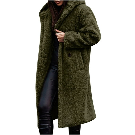 Hfyihgf Women's Winter Coats Fuzzy Fleece Long Hooded Jackets Button Down Sherpa Faux Fur Warm Long Outwear with Pockets Army Green S