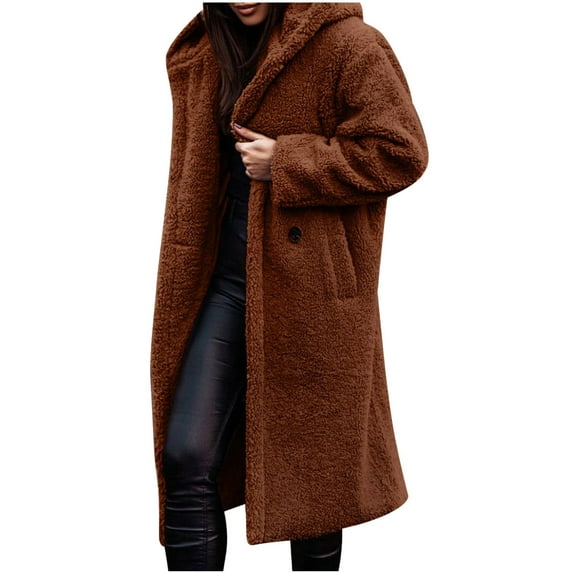 Hfyihgf Women's Winter Coats Fuzzy Fleece Long Hooded Jackets Button Down Sherpa Faux Fur Warm Long Outwear with Pockets Brown S