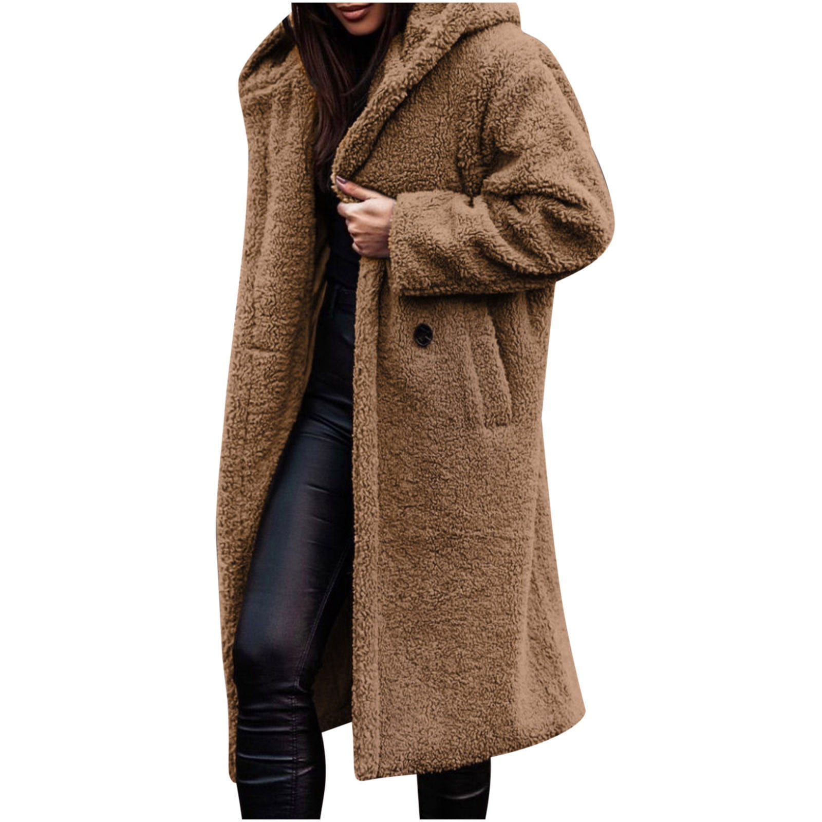 Hfyihgf Womens Trendy Winter Coat Faux Fur Fuzzy Fleece Sherpa Jacket  Casual Lapel Button Down Long Pockets Teddy Warm Outwear(Khaki,XL)