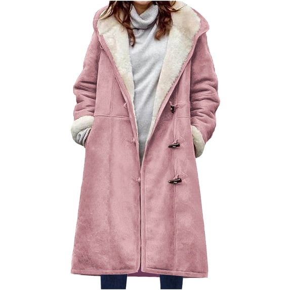 Hfyihgf Women's Winter Warm Sherpa Lined Fleece Hooded Coats Long Sleeve Outerwear Plus Size Faux Suede Pea Cotton Overcoat 01#Pink M