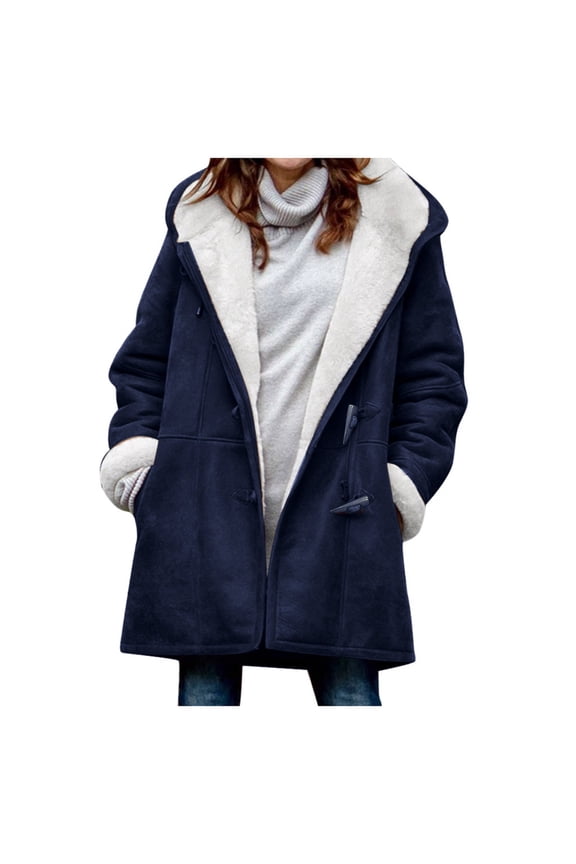 Women's Winter Warm Sherpa Lined Fleece Hooded Coats Long Sleeve Outerwear Plus Size Faux Suede Pea Cotton Overcoat Dark Blue L