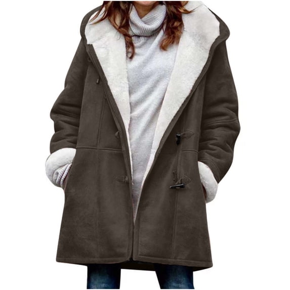 Hfyihgf Women's Winter Warm Sherpa Lined Fleece Hooded Coats Long Sleeve Outerwear Plus Size Faux Suede Pea Cotton Overcoat Dark Gray XL