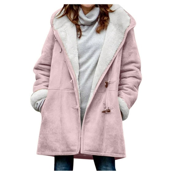 Hfyihgf Women's Winter Warm Sherpa Lined Fleece Hooded Coats Long Sleeve Outerwear Plus Size Faux Suede Pea Cotton Overcoat Pink 5XL