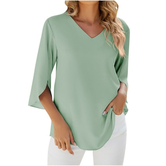 Hfyihgf Women's Work Blouses 3/4 Sleeve Dressy Tops V Neck Casual Chiffon Tunic Blouses Business Shirts Top(Green,S)