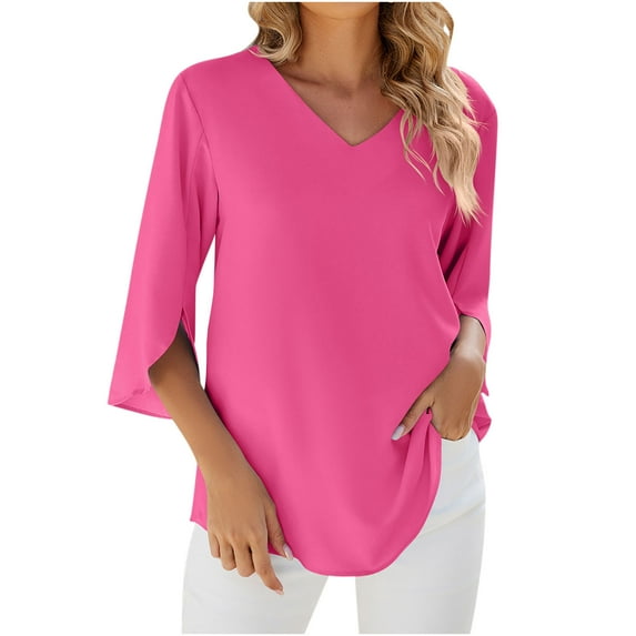 Hfyihgf Women's Work Blouses 3/4 Sleeve Dressy Tops V Neck Casual Chiffon Tunic Blouses Business Shirts Top(Hot Pink,XL)