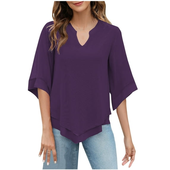 Hfyihgf Women's Work Blouses Half Sleeve Dressy Tops V Neck Casual Chiffon Tunic Blouses Business Shirts Top(z-Purple,XXL)
