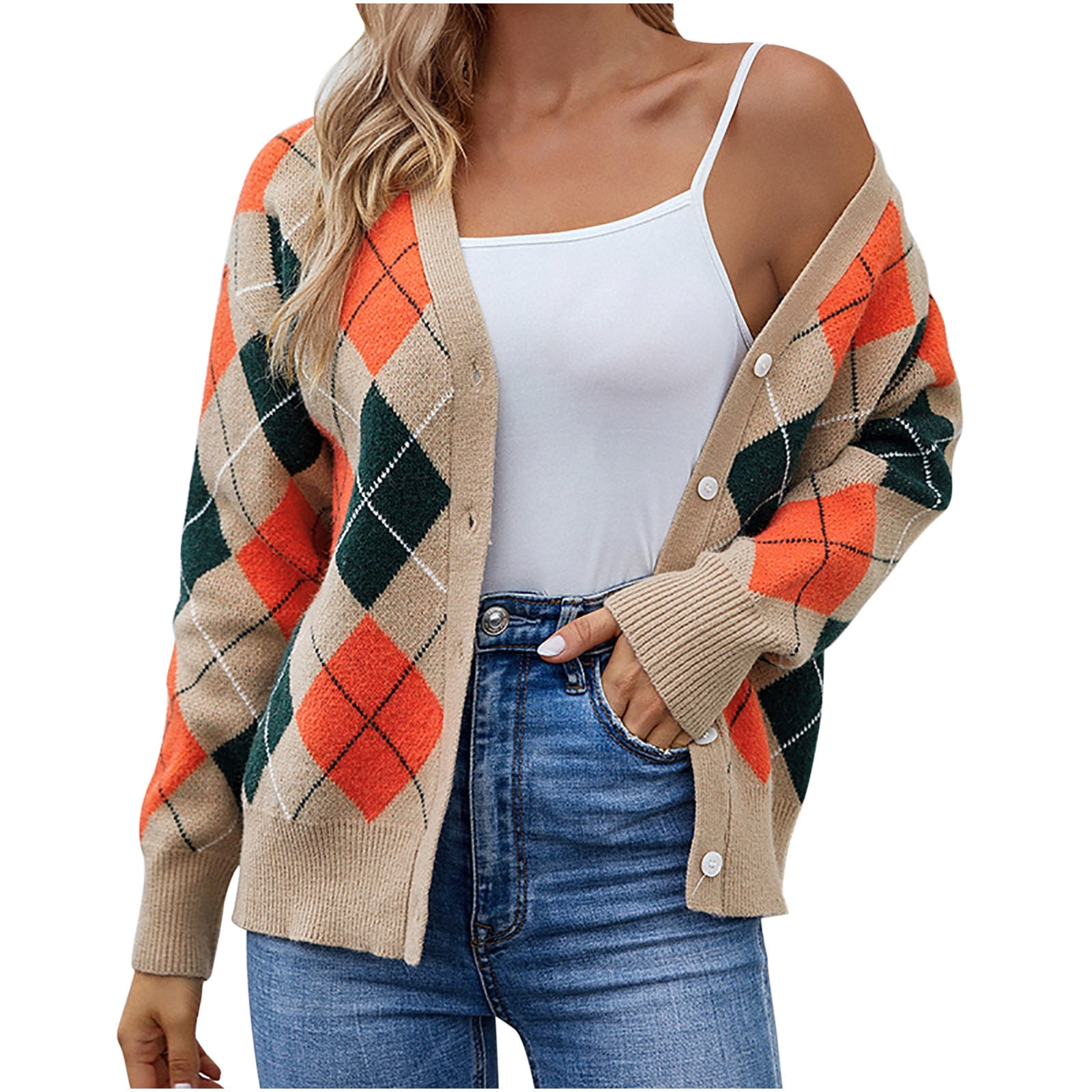 Hfyihgf Womens Argyle Preppy Cardigan Sweater Casual V Neck Button Down