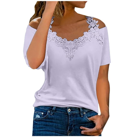 Hfyihgf Womens Blouses and Tops Dressy Cold Shoulder Lace Trim Tops for Women Summer Casual T Shirts Plus Size Short Sleeve Blouses Flowy Tunics Tees(Light Purple,XXL)