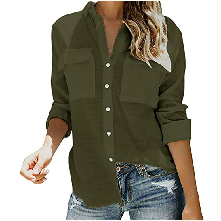 Hfyihgf Womens Button Down V Neck Shirts Long Sleeve Blouse Roll Up Cuffed  Sleeve Casual Work Plain Tops with Pockets（Army Green,XXL)