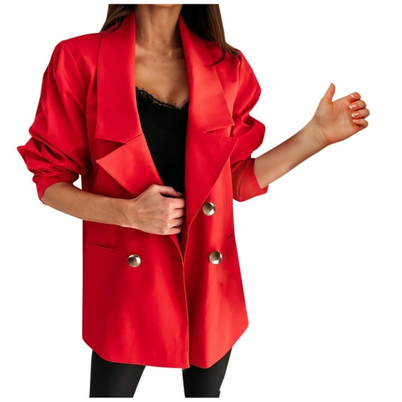Hfyihgf Womens Casual Blazer Jacket Pockets Long Sleeve Open Front Work Office Notch Lapel Double Breasted Suit Jacket(Red,S)