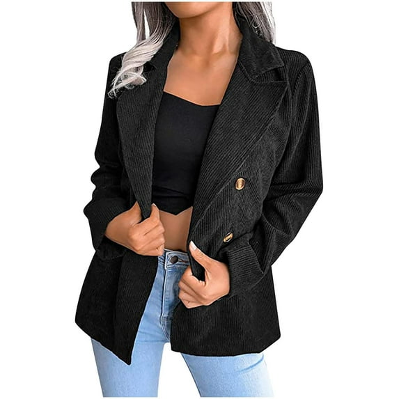 Hfyihgf Womens Casual Classic Corduroy Blazer Jackets Boyfriend Open Front Business Lapel Button Long Sleeve Work Office Suit Coat(Black,S)