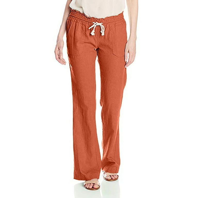 Hfyihgf Womens Casual Cotton Linen Pants Straight-Leg Drawstring Elastic  High Waist Loose Comfy Trousers with Pockets(Orange,XL) 