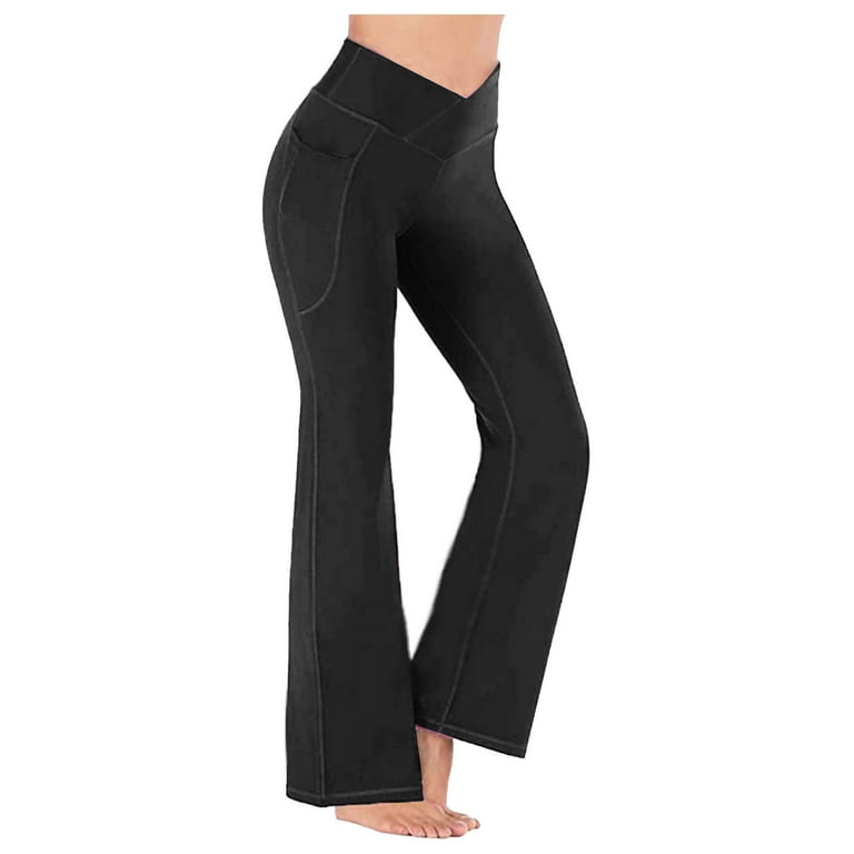 Hfyihgf Womens Casual Flare Leggings with Pockets Bootcut Yoga Pants V  Crossover Hight Waisted Stretchy Workout Pants Elegant Trousers(Black,L)