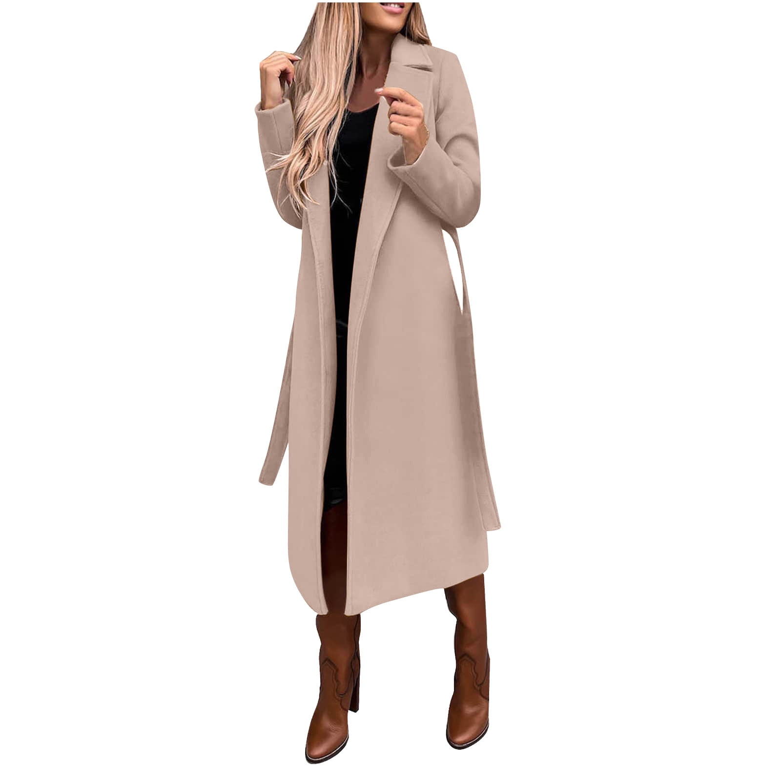 Hfyihgf Womens Classic Faux Wool Coat Lapel Collar Thin Trench Coats Open  Front Belted Slim Long Jacket（Beige,S)