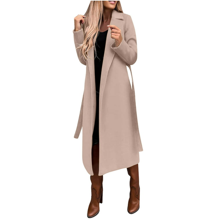 Hfyihgf Womens Classic Faux Wool Coat Lapel Collar Thin Trench Coats Open  Front Belted Slim Long Jacket（Beige,S) 