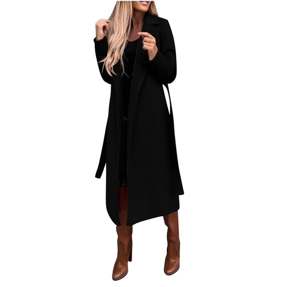 Hfyihgf Womens Classic Faux Wool Coat Lapel Collar Thin Trench Coats Open Front Belted Slim Long Jacket(Black,XXL)