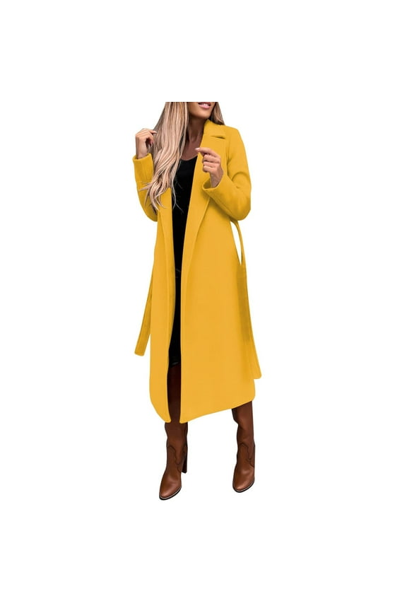 Womens Classic Faux Wool Coat Lapel Collar Thin Trench Coats Open Front Belted Slim Long Jacket（Yellow,S)