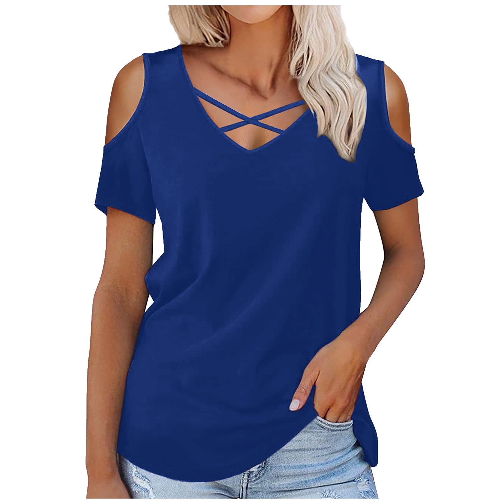 Hfyihgf Womens Cold Shoulder Tops Casual V Neck Short Sleeve Criss ...