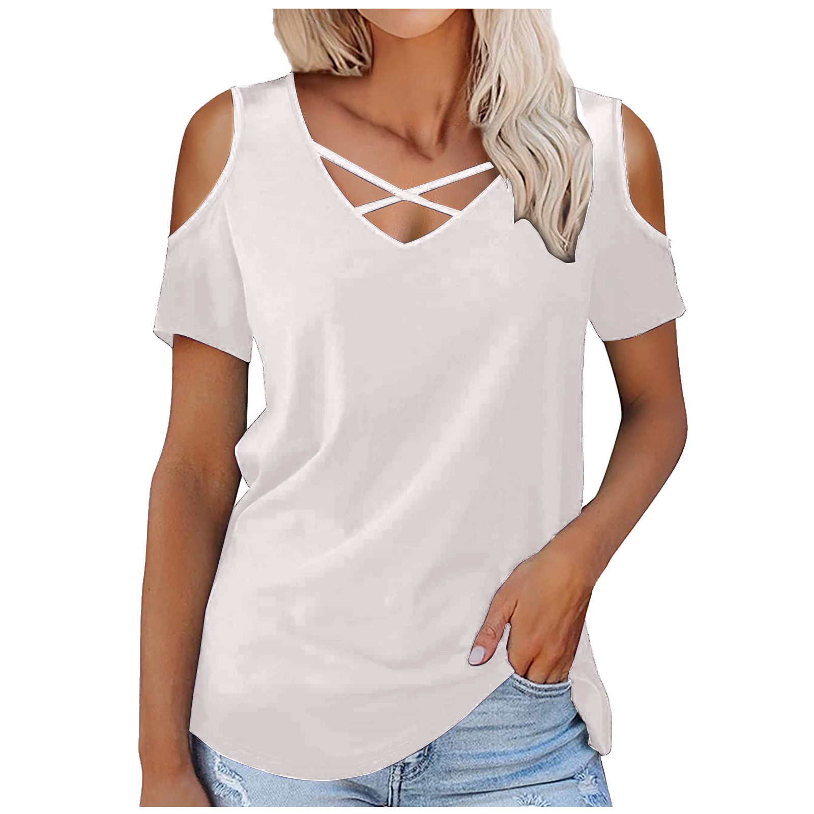Hfyihgf Womens Cold Shoulder Tops Casual V Neck Short Sleeve Criss