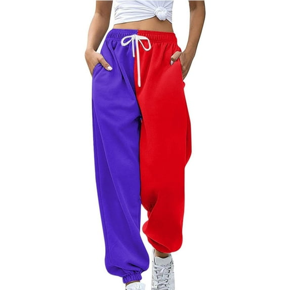 Hfyihgf Womens Color Block Y2k Baggy Sweatpants Drawstring High Waist Joggers Pants Trendy Loose Fit Trousers with Pockets(z1-Purple,XXL)