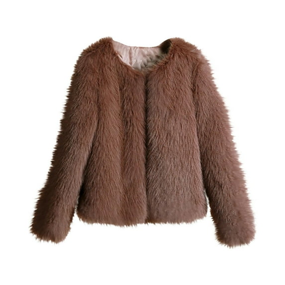 Hfyihgf Womens Cropped Coats Long Sleeve Crewneck Open Front Parka Shaggy Fuzzy Faux Fur Coat Jacket Winter Warm Outwear(Coffee,L)