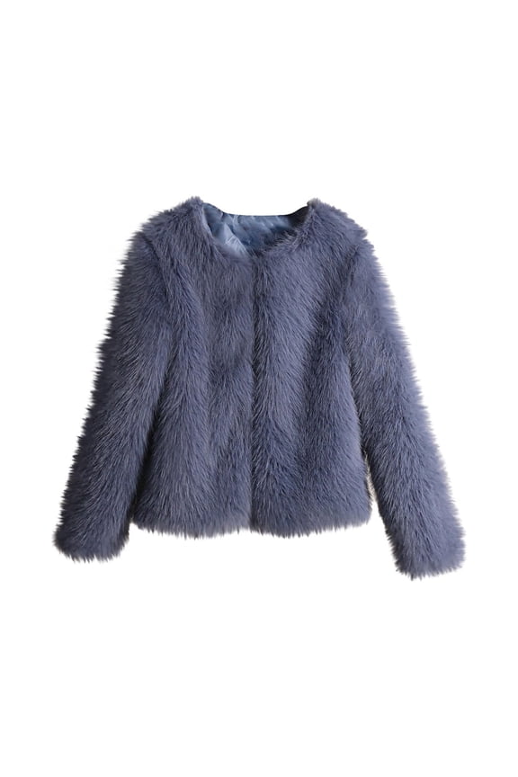 Womens Cropped Coats Long Sleeve Crewneck Open Front Parka Shaggy Fuzzy Faux Fur Coat Jacket Winter Warm Outwear(Navy,S)