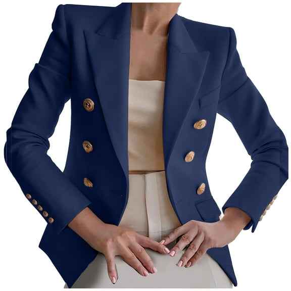 Hfyihgf Womens Double Breasted Blazers Casual Long Sleeve Lapel Open Front Blazer Jackets Slim Fit Work Suits Coat Navy L