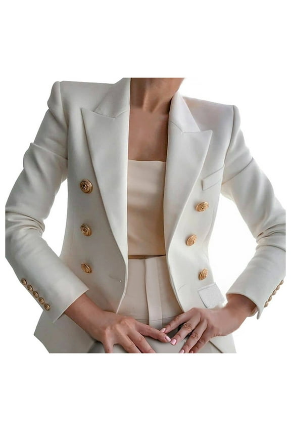 Womens Double Breasted Blazers Casual Long Sleeve Lapel Open Front Blazer Jackets Slim Fit Work Suits Coat White 3XL