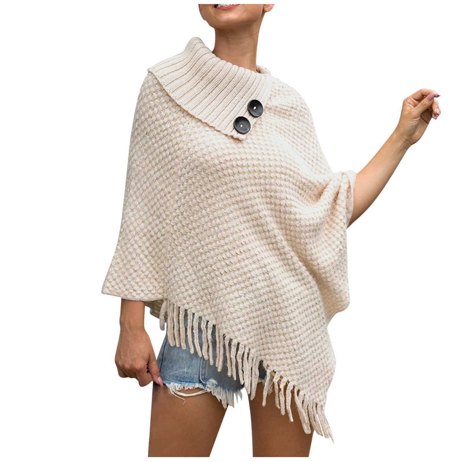 Flygo Women's Mock Neck Versatile Crop Knitted Poncho Cape Sweater Pullover  Tops(Beige-S) at  Women's Clothing store