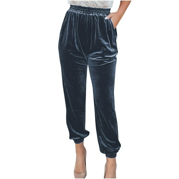 Hfyihgf Womens Elastic Waist Velvet Trousers Casual High Waist Joggers Loose Straight-Legs Long Pants with Pockets(Dark Gray,L)