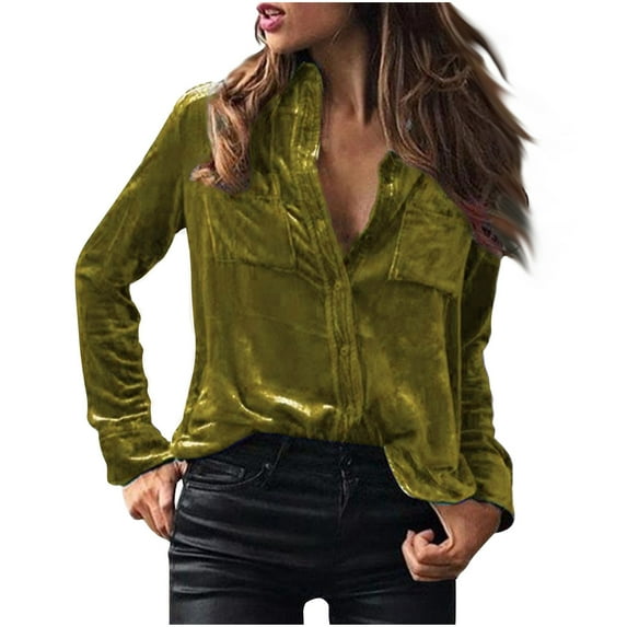 Hfyihgf Womens Elegant Retro Velvet Button Down V Neck Shirts Long Sleeve Office Casual Business Slim Fit Plain Blouses Tops(Army Green,XL)