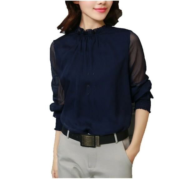 Hfyihgf Womens Elegant Ruffle Mock Neck Tops Sheer Mesh Long Sleeve Casual Loose Office Work Shirts Tops and Blouses(Navy,L)