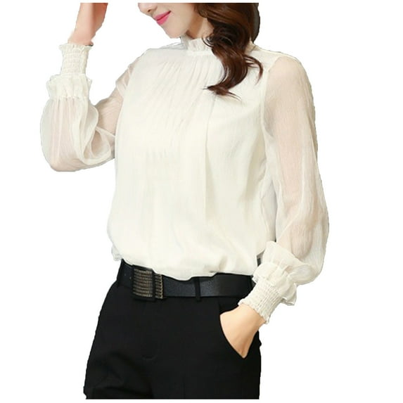 Hfyihgf Womens Elegant Ruffle Mock Neck Tops Sheer Mesh Long Sleeve Casual Loose Office Work Shirts Tops and Blouses(White,3XL)