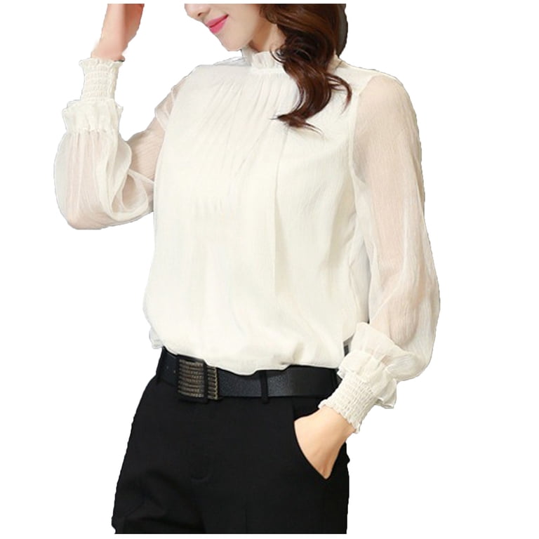Hfyihgf Womens Elegant Ruffle Mock Neck Tops Sheer Mesh Long