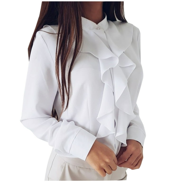 Hfyihgf Womens Elegant Ruffle Trim Shirts Long Sleeve V Neck Button Down  Blouse Casual Relaxed Fit Solid Tees Party Office Tops(White,L)