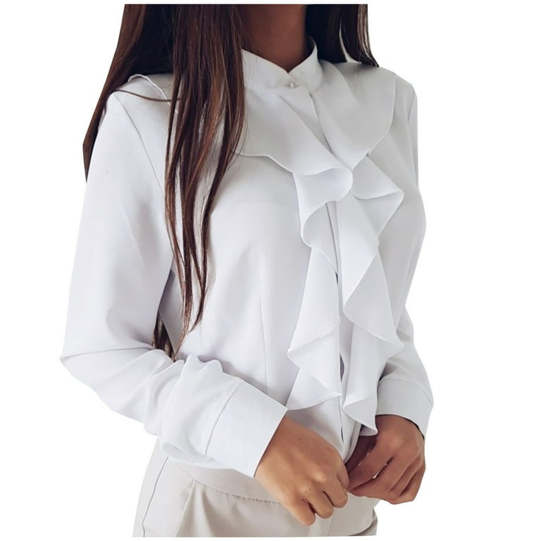 Hfyihgf Womens Elegant Ruffle Trim Shirts Long Sleeve V Neck Button Down  Blouse Casual Relaxed Fit Solid Tees Party Office Tops(White,L)