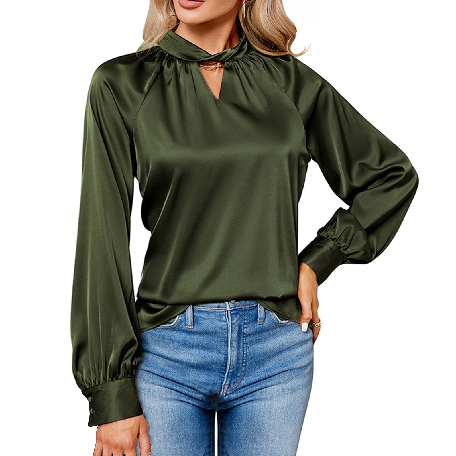 Hfyihgf Womens Elegant Satin Silk Shirts Draped V Neck Dressy Casual ...