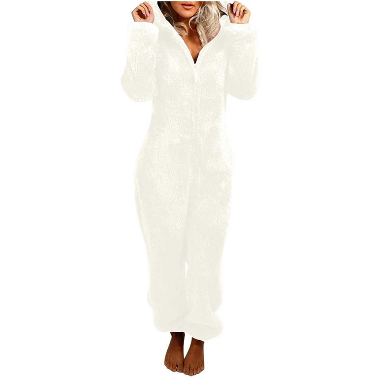 Hfyihgf Womens Fleece Onesie Pajamas Jumpsuit Winter Warm Sherpa Romper Sleepwear One Piece Zipper Bear Ear Hooded Playsuits Loungewear White 3XL